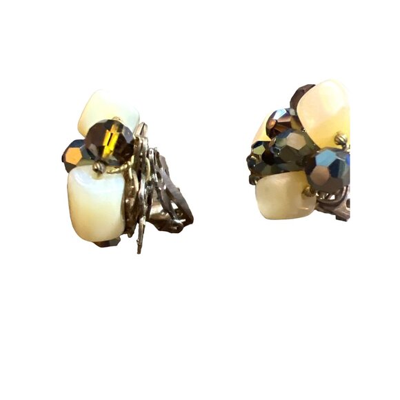 Vintage Clip-on Earrings AB MOP Haskell Era Filagree Back Smoky Quartz Look - Picture 10 of 16